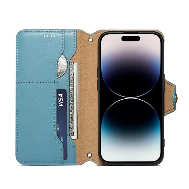 For iPhone 16 Denior Cowhide Texture Wallet Style Leather Phone Case(Blue) - iPhone 16 Cases by Denior | Online Shopping South Africa | PMC Jewellery | Buy Now Pay Later Mobicred