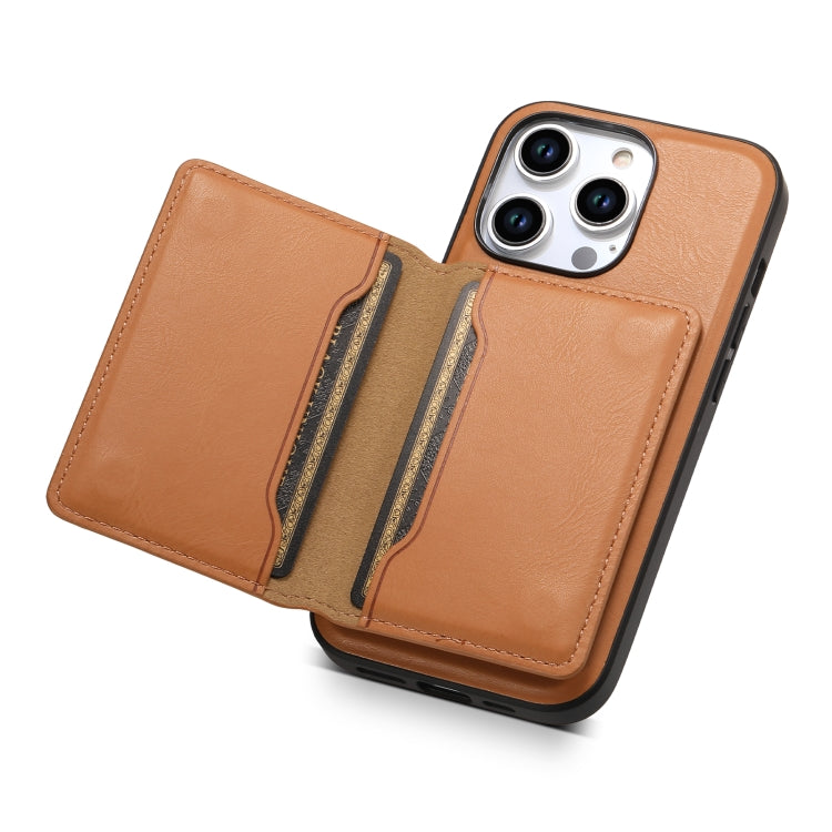 For iPhone 15 Plus Denior Cowhide Texture Leather MagSafe Detachable Wallet Phone Case(Khaki) - iPhone 15 Plus Cases by Denior | Online Shopping South Africa | PMC Jewellery | Buy Now Pay Later Mobicred