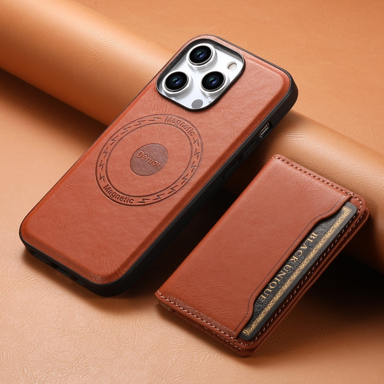 For iPhone 14 Pro Denior Cowhide Texture Leather MagSafe Detachable Wallet Phone Case(Brown) - iPhone 14 Pro Cases by Denior | Online Shopping South Africa | PMC Jewellery | Buy Now Pay Later Mobicred