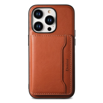 For iPhone 14 Pro Denior Cowhide Texture Leather MagSafe Detachable Wallet Phone Case(Brown) - iPhone 14 Pro Cases by Denior | Online Shopping South Africa | PMC Jewellery | Buy Now Pay Later Mobicred