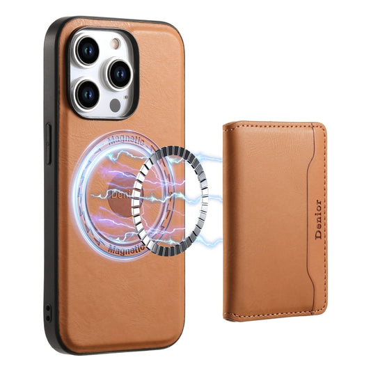 For iPhone 14 Pro Max Denior Cowhide Texture Leather MagSafe Detachable Wallet Phone Case(Khaki) - iPhone 14 Pro Max Cases by Denior | Online Shopping South Africa | PMC Jewellery | Buy Now Pay Later Mobicred