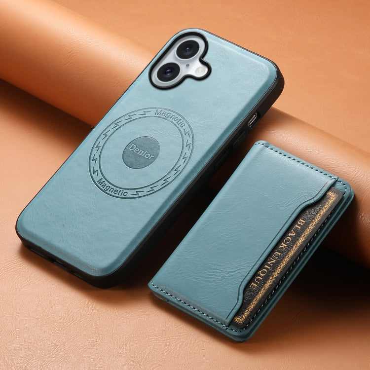 For iPhone 16 Plus Denior Cowhide Texture Leather MagSafe Detachable Wallet Phone Case(Blue) - iPhone 16 Plus Cases by Denior | Online Shopping South Africa | PMC Jewellery | Buy Now Pay Later Mobicred