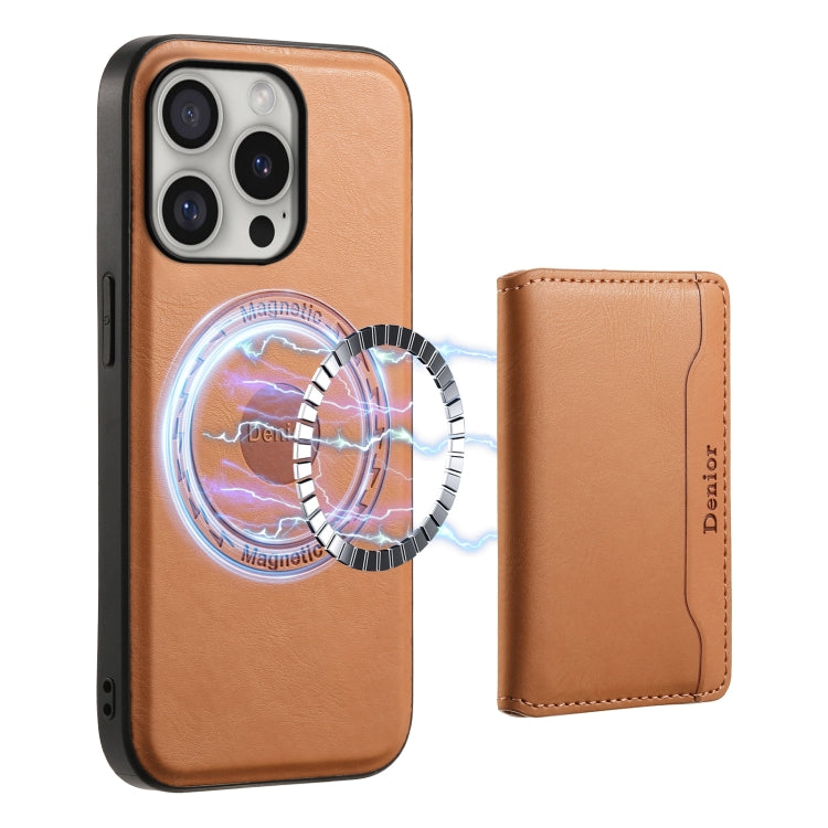 For iPhone 16 Pro Denior Cowhide Texture Leather MagSafe Detachable Wallet Phone Case(Khaki) - iPhone 16 Pro Cases by Denior | Online Shopping South Africa | PMC TechLife | Buy Now Pay Later Mobicred