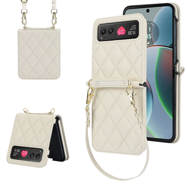 For Motorola Razr 40 Rhombic Texture Phone Case with Long & Short Lanyard(White) - Motorola Cases by PMC TechLife | Online Shopping South Africa | PMC TechLife