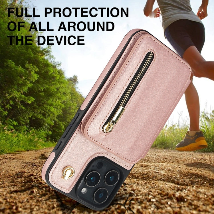 For iPhone 16 Pro Max YM006 Skin Feel Zipper Card Bag Phone Case with Dual Lanyard(Rose Gold) - iPhone 16 Pro Max Cases by PMC Jewellery | Online Shopping South Africa | PMC Jewellery | Buy Now Pay Later Mobicred