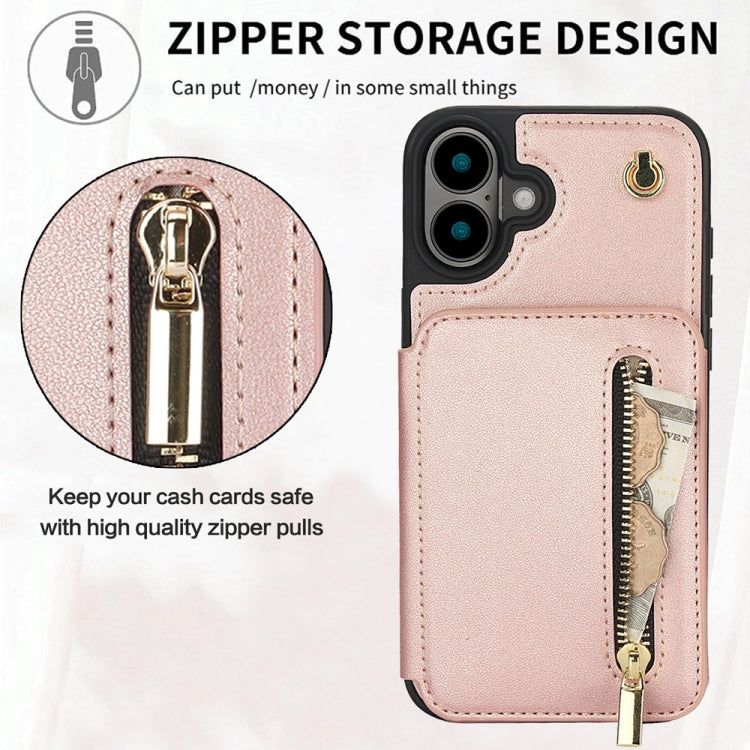 For iPhone 16 Plus YM006 Skin Feel Zipper Card Bag Phone Case with Dual Lanyard(Rose Gold) - iPhone 16 Plus Cases by PMC Jewellery | Online Shopping South Africa | PMC Jewellery | Buy Now Pay Later Mobicred