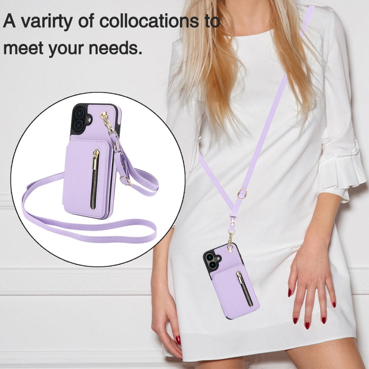 For iPhone 16 YM006 Skin Feel Zipper Card Bag Phone Case with Dual Lanyard(Light Purple) - iPhone 16 Cases by PMC Jewellery | Online Shopping South Africa | PMC Jewellery | Buy Now Pay Later Mobicred