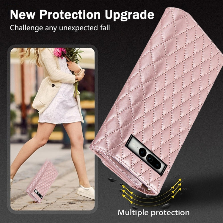 For Google Pixel 8 Zipper Multi-Card Wallet Rhombic Leather Phone Case(Rose Gold) - Google Cases by PMC TechLife | Online Shopping South Africa | PMC TechLife | Buy Now Pay Later Mobicred