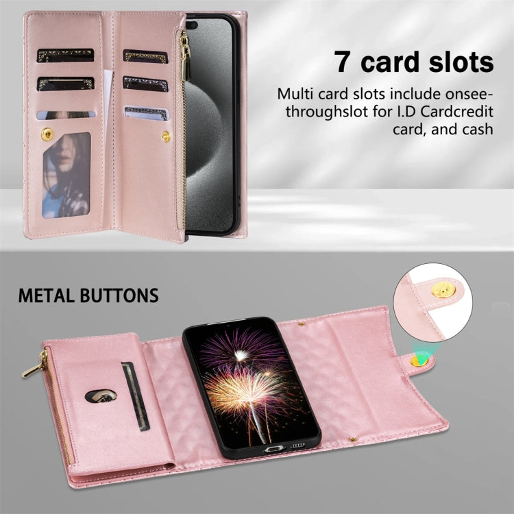 For Google Pixel 8 Zipper Multi-Card Wallet Rhombic Leather Phone Case(Rose Gold) - Google Cases by PMC TechLife | Online Shopping South Africa | PMC TechLife | Buy Now Pay Later Mobicred