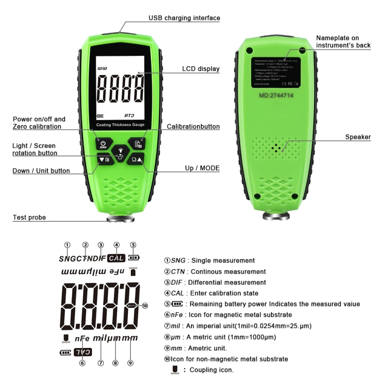 RZ859 Metal Coating Thickness Gauge(Green) - Coating Thickness Gauge by PMC TechLife | Online Shopping South Africa | PMC TechLife | Buy Now Pay Later Mobicred