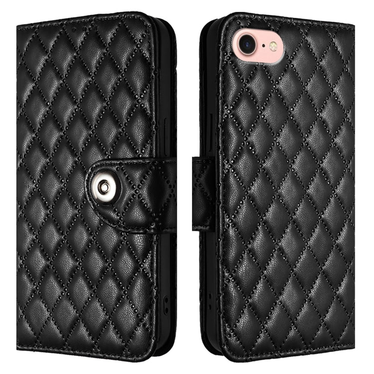 For iPhone SE 2024 Rhombic Texture Flip Leather Phone Case with Lanyard(Black) - More iPhone Cases by PMC Jewellery | Online Shopping South Africa | PMC Jewellery | Buy Now Pay Later Mobicred