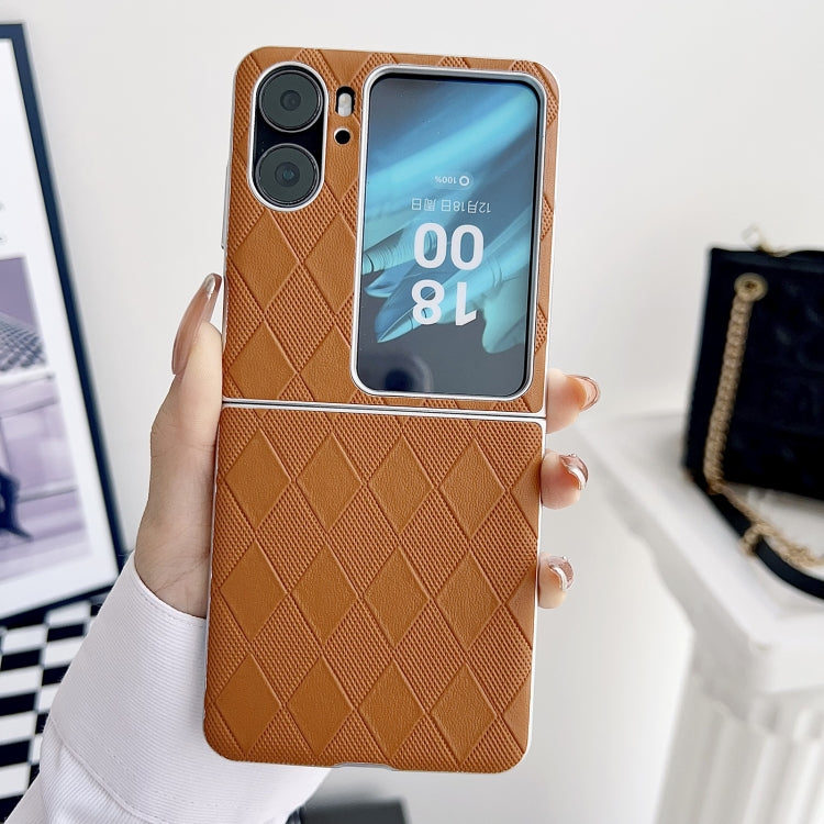 For OPPO Find N2 Flip Pearlescent Paint Diamond Shaped Checkered Leather Phone Case(Brown) - Find N2 Flip Cases by PMC Jewellery | Online Shopping South Africa | PMC Jewellery | Buy Now Pay Later Mobicred