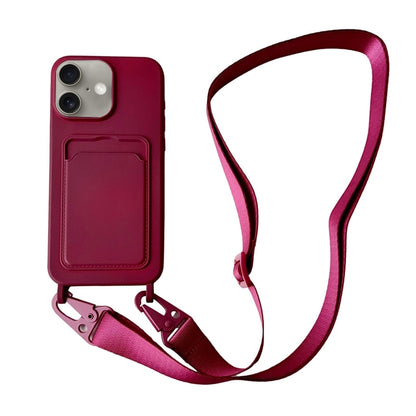 For iPhone 16 Plus Card Slot Liquid Silicone Phone Case with Lanyard(Wine Red) - iPhone 16 Plus Cases by PMC Jewellery | Online Shopping South Africa | PMC Jewellery | Buy Now Pay Later Mobicred