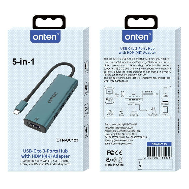 Onten UC123 5 in 1 USB-C / Type-C to HDMI + USB3.0 HUB Docking Station with 5V Input - USB HUB by Onten | Online Shopping South Africa | PMC Jewellery | Buy Now Pay Later Mobicred