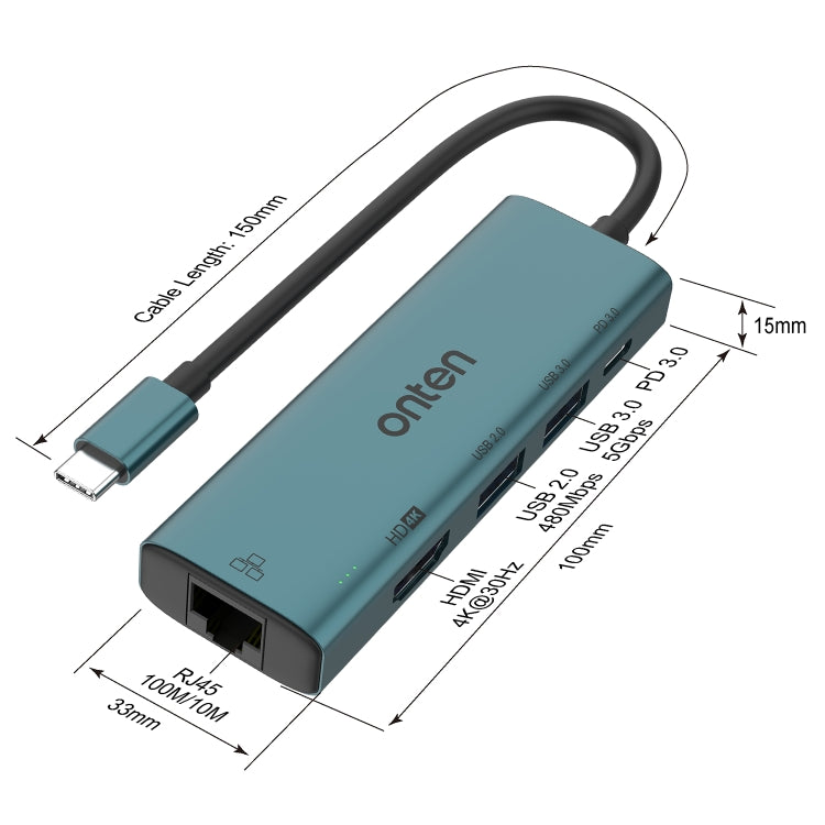 Onten UC125 5 in 1 USB-C / Type-C to HDMI+USB3.0+PD3.0 Multi-function HUB with 100Mbps Network Card - USB HUB by Onten | Online Shopping South Africa | PMC Jewellery | Buy Now Pay Later Mobicred