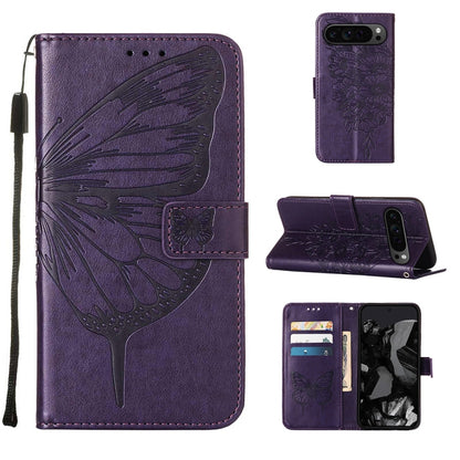 For Google Pixel 9 Pro Embossed Butterfly Leather Phone Case(Dark Purple) - Google Cases by PMC Jewellery | Online Shopping South Africa | PMC Jewellery | Buy Now Pay Later Mobicred