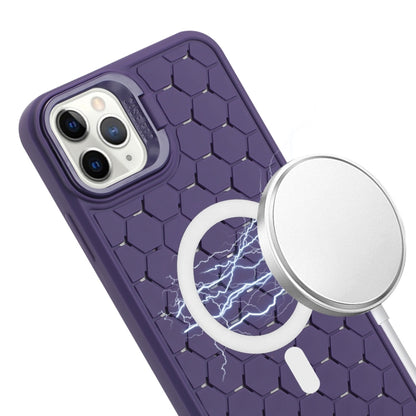 For iPhone 13 Pro Honeycomb Radiating Lens Holder Magsafe Phone Case with Lanyard(Purple) - iPhone 13 Pro Cases by PMC Jewellery | Online Shopping South Africa | PMC Jewellery