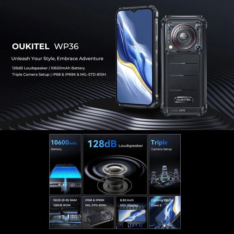 Oukitel WP36, 8GB+128GB, IP68/IP69K, Fingerprint Identification, 10600mAh, 6.52 inch MediaTek MT8788 Octa Core, NFC, OTG, Network: 4G(Black) - Other by OUKITEL | Online Shopping South Africa | PMC Jewellery | Buy Now Pay Later Mobicred