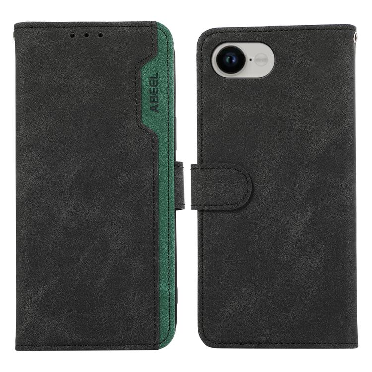 For iPhone 16e ABEEL Color Block Magnetic RFID Leather Phone Case(Black-Green) - iPhone 16e Cases by PMC TechLife | Online Shopping South Africa | PMC TechLife | Buy Now Pay Later Mobicred