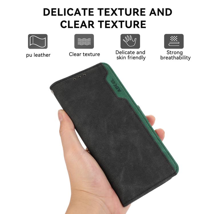 For iPhone 16e ABEEL Color Block Magnetic RFID Leather Phone Case(Black-Green) - iPhone 16e Cases by PMC TechLife | Online Shopping South Africa | PMC TechLife | Buy Now Pay Later Mobicred