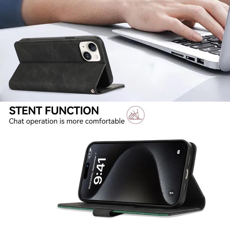 For iPhone 16e ABEEL Color Block Magnetic RFID Leather Phone Case(Black-Green) - iPhone 16e Cases by PMC TechLife | Online Shopping South Africa | PMC TechLife | Buy Now Pay Later Mobicred
