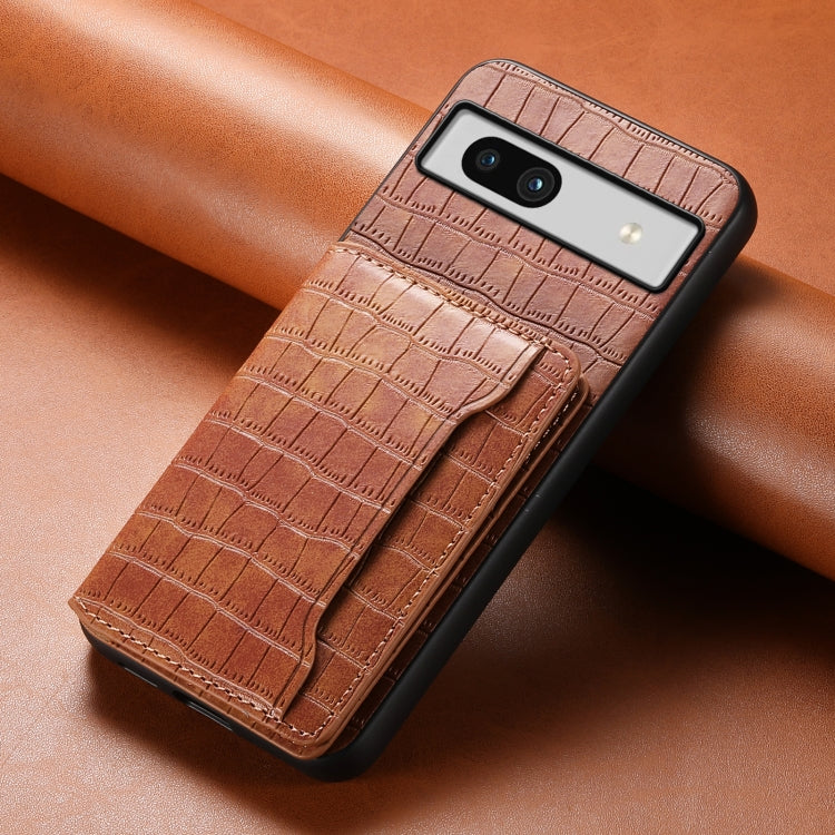 For Google Pixel 7a Crocodile Texture Card Bag Design Full Coverage Phone Case(Brown) - Google Cases by PMC TechLife | Online Shopping South Africa | PMC TechLife | Buy Now Pay Later Mobicred