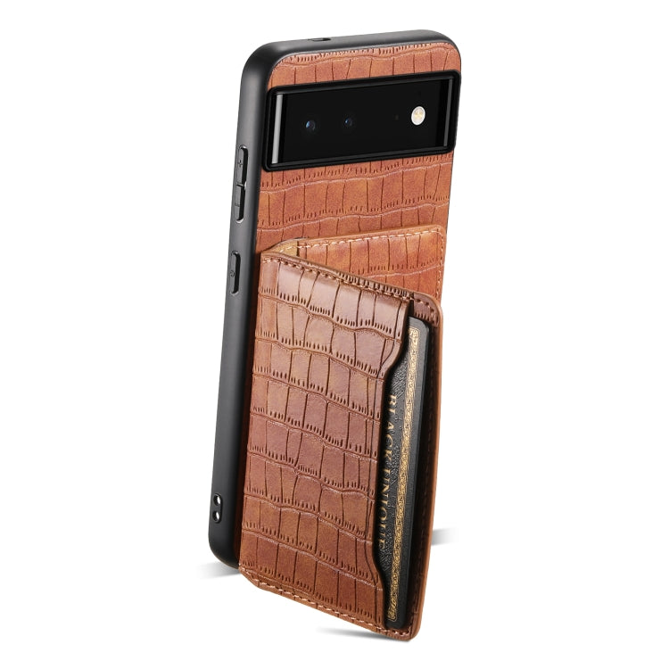 For Google Pixel 6 Crocodile Texture Card Bag Design Full Coverage Phone Case(Brown) - Google Cases by PMC TechLife | Online Shopping South Africa | PMC TechLife | Buy Now Pay Later Mobicred