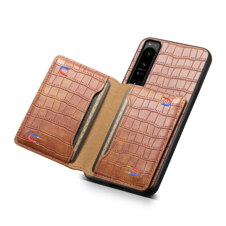 For Sony Xperia 1 IV Crocodile Texture Card Bag Design Full Coverage Phone Case(Brown) - Sony Cases by PMC TechLife | Online Shopping South Africa | PMC TechLife | Buy Now Pay Later Mobicred