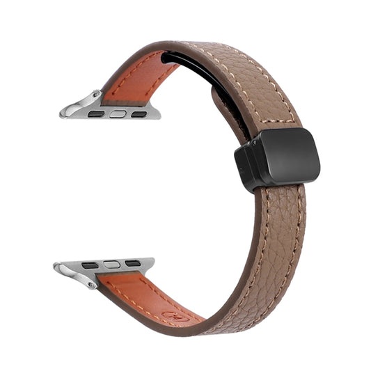 For Apple Watch Ultra 2 49mm Slim Magnetic Buckle Genuine Leather Watch Band(Litchi Coffee) - Watch Bands by PMC Jewellery | Online Shopping South Africa | PMC Jewellery