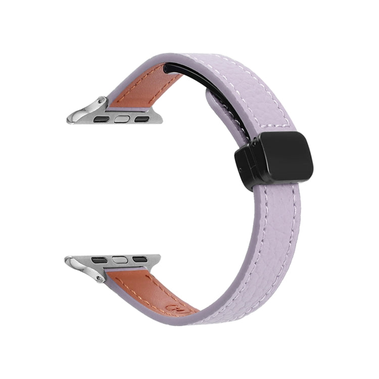 For Apple Watch SE 2022 40mm Slim Magnetic Buckle Genuine Leather Watch Band(Litchi Lavender) - Watch Bands by PMC Jewellery | Online Shopping South Africa | PMC Jewellery