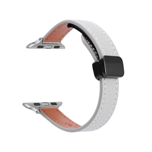 For Apple Watch SE 44mm Slim Magnetic Buckle Genuine Leather Watch Band(Litchi Grey) - Watch Bands by PMC Jewellery | Online Shopping South Africa | PMC Jewellery