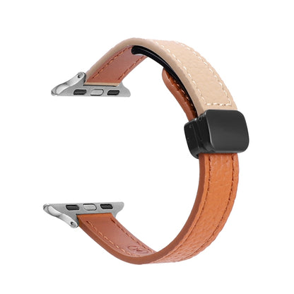 For Apple Watch Series 2 38mm Slim Magnetic Buckle Genuine Leather Watch Band(Litchi Orange Apricot) - Watch Bands by PMC Jewellery | Online Shopping South Africa | PMC Jewellery