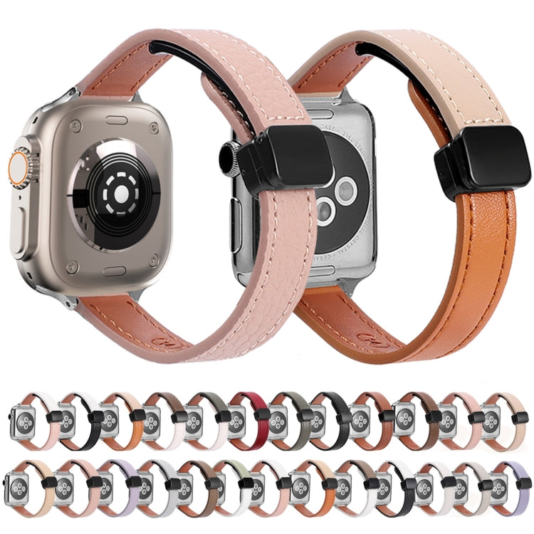 For Apple Watch Series 9 41mm Slim Magnetic Buckle Genuine Leather Watch Band(Litchi Pink) - Watch Bands by PMC Jewellery | Online Shopping South Africa | PMC Jewellery