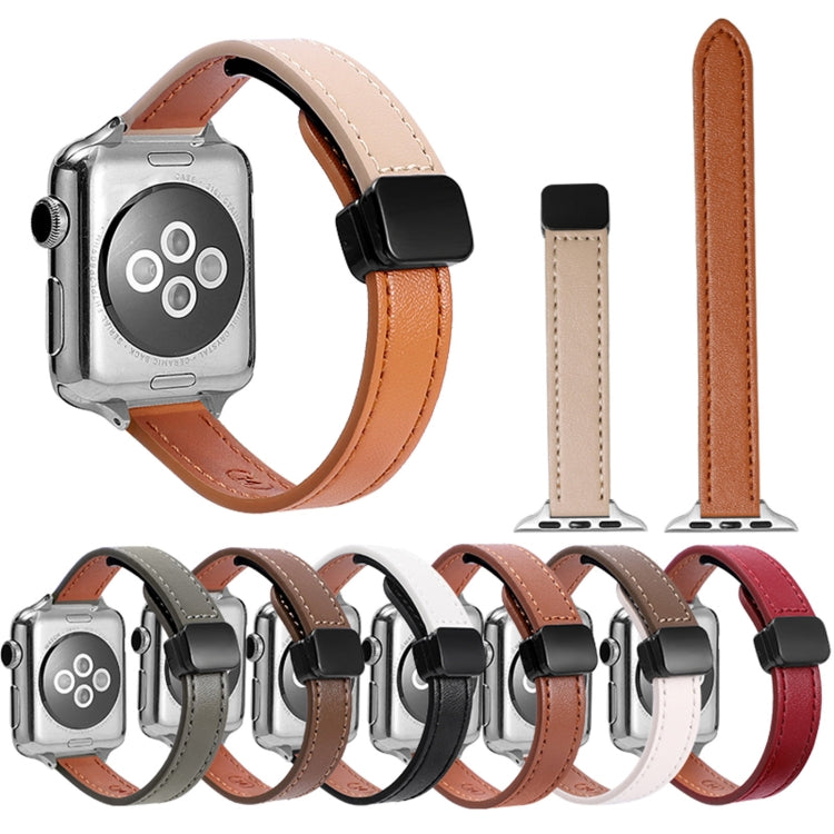 For Apple Watch SE 2023 44mm Slim Magnetic Buckle Genuine Leather Watch Band(Plain Apricot) - Watch Bands by PMC Jewellery | Online Shopping South Africa | PMC Jewellery