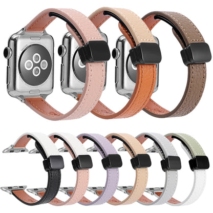 For Apple Watch 42mm Slim Magnetic Buckle Genuine Leather Watch Band(Plain Black Beige) - Watch Bands by PMC Jewellery | Online Shopping South Africa | PMC Jewellery