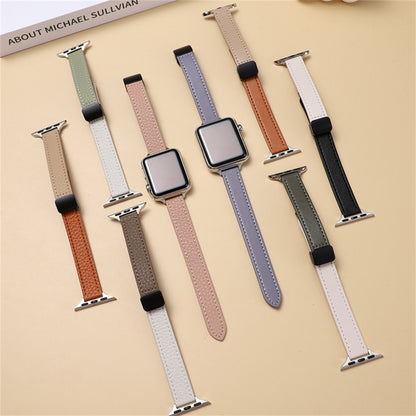 For Apple Watch Series 9 45mm Slim Magnetic Buckle Genuine Leather Watch Band(Plain Beige Green) - Watch Bands by PMC Jewellery | Online Shopping South Africa | PMC Jewellery