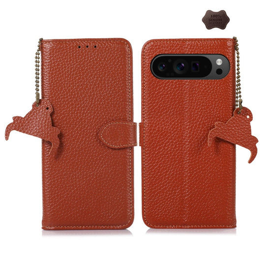 For Google Pixel 9 Pro Genuine Leather Litchi Texture RFID Leather Phone Case(Coffee) - Google Cases by PMC Jewellery | Online Shopping South Africa | PMC Jewellery | Buy Now Pay Later Mobicred