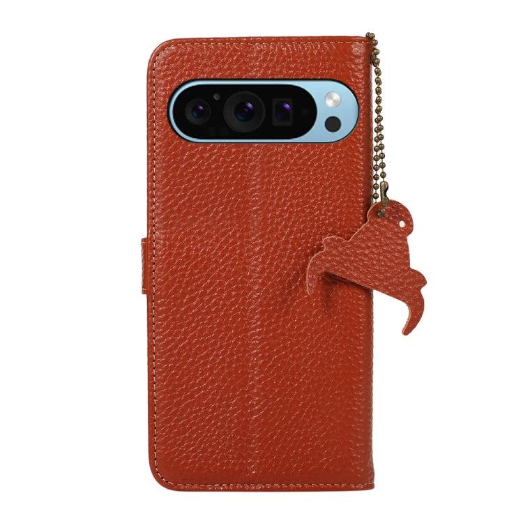 For Google Pixel 9 Genuine Leather Litchi Texture RFID Leather Phone Case(Coffee) - Google Cases by PMC Jewellery | Online Shopping South Africa | PMC Jewellery | Buy Now Pay Later Mobicred