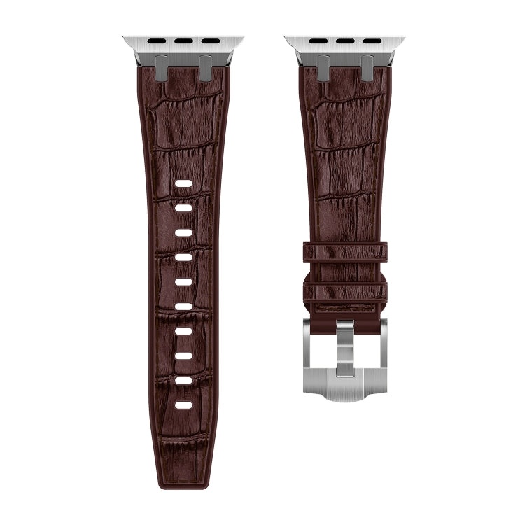 For Apple Watch Series 9 45mm Crocodile Texture Liquid Silicone Watch Band(Silver Dark Brown) - Watch Bands by PMC TechLife | Online Shopping South Africa | PMC TechLife