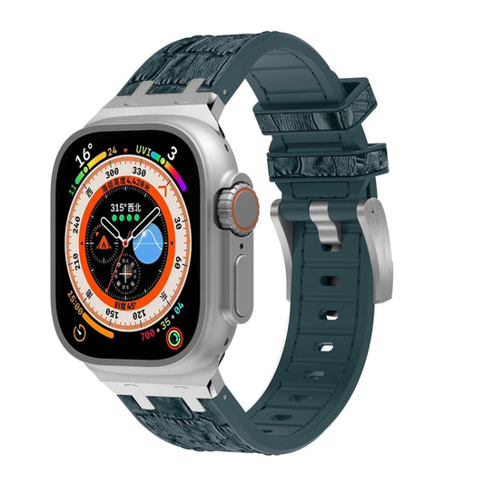 For Apple Watch Ultra 49mm Crocodile Texture Liquid Silicone Watch Band(Silver Deep Green) - Watch Bands by PMC Jewellery | Online Shopping South Africa | PMC Jewellery