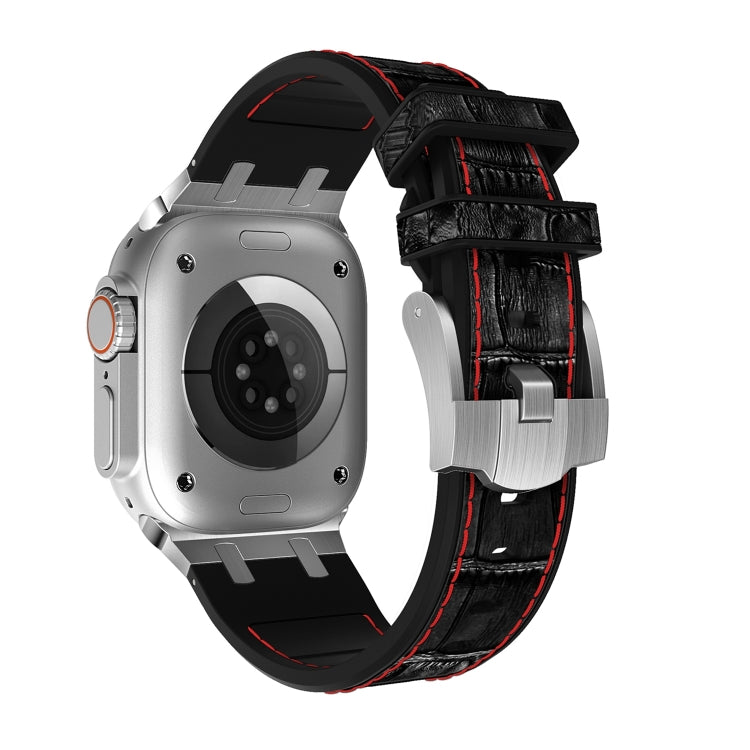 For Apple Watch Series 8 45mm Crocodile Texture Liquid Silicone Watch Band(Silver Red Black) - Watch Bands by PMC TechLife | Online Shopping South Africa | PMC TechLife