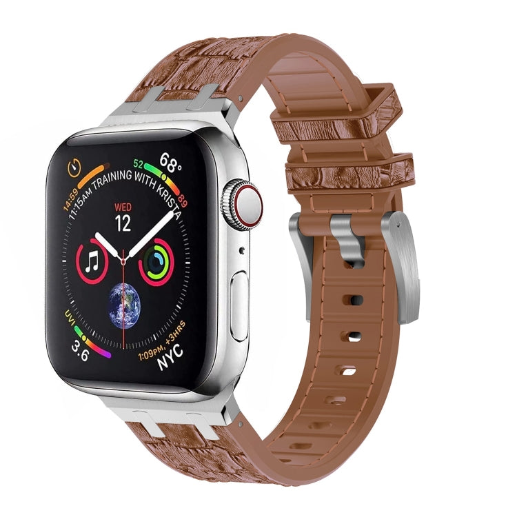 For Apple Watch Series 8 45mm Crocodile Texture Liquid Silicone Watch Band(Silver Yellow Brown) - Watch Bands by PMC Jewellery | Online Shopping South Africa | PMC Jewellery