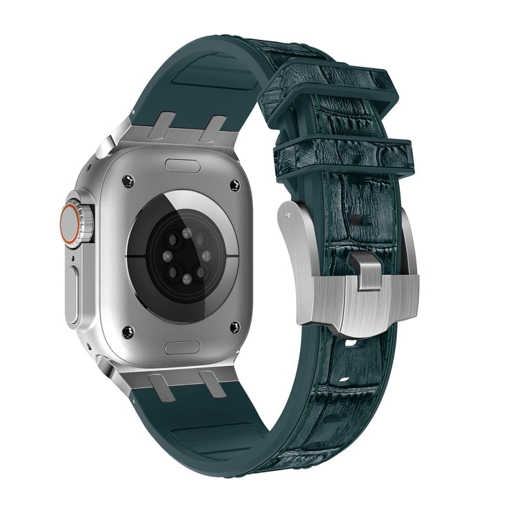 For Apple Watch SE 2022 40mm Crocodile Texture Liquid Silicone Watch Band(Silver Deep Green) - Watch Bands by PMC TechLife | Online Shopping South Africa | PMC TechLife