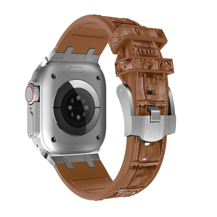 For Apple Watch SE 40mm Crocodile Texture Liquid Silicone Watch Band(Silver Yellow Brown) - Watch Bands by PMC TechLife | Online Shopping South Africa | PMC TechLife