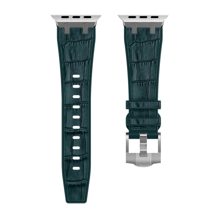 For Apple Watch Series 2 38mm Crocodile Texture Liquid Silicone Watch Band(Silver Deep Green) - Watch Bands by PMC TechLife | Online Shopping South Africa | PMC TechLife
