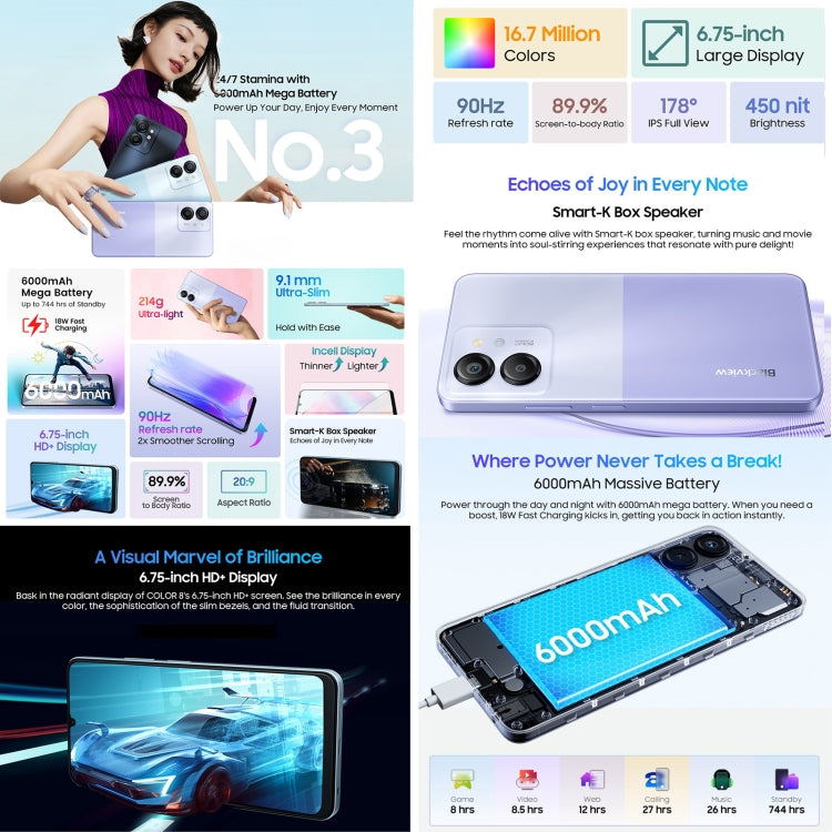 [HK Warehouse] Blackview COLOR 8, 8GB+256GB, Fingerprint & Face Identification, 6.75 inch Android 13 Unisoc T616 Octa Core up to 2.2GHz, Network: 4G, OTG(Wisteria Purple) - Blackview by Blackview | Online Shopping South Africa | PMC Jewellery