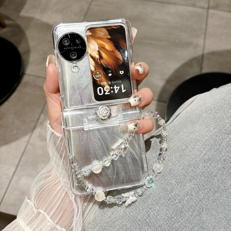 For OPPO Find N3 Flip Skin Feel PC Feather Gauze Glitter Paper Camellia Phone Case with Bracelet(Transparent) - Find N3 Flip Cases by PMC Jewellery | Online Shopping South Africa | PMC Jewellery | Buy Now Pay Later Mobicred