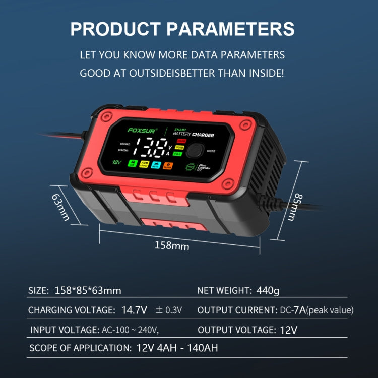 FOXSUR 7A 12V Car / Motorcycle Smart Battery Charger, Plug Type:UK Plug(Red) - free shipping - PMC TechLife - Order now!