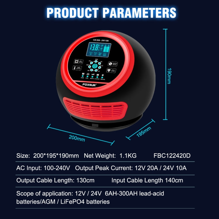 FOXSUR 20A 12V 24V Car / Motorcycle Smart Battery Charger, Plug Type:EU Plug(Red) - free shipping - PMC TechLife - Order now!
