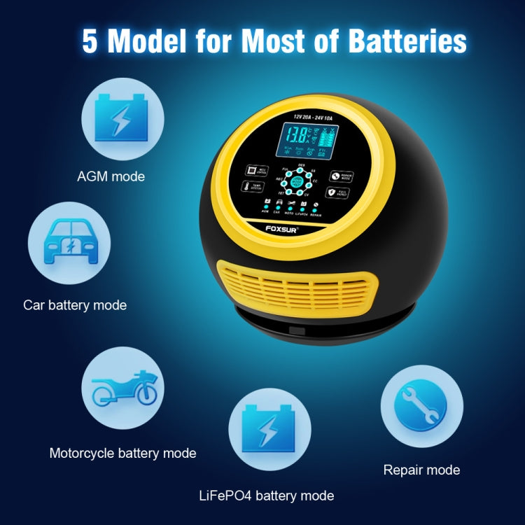 FOXSUR 20A 12V 24V Car / Motorcycle Smart Battery Charger, Plug Type:UK Plug(Yellow) - free shipping - PMC TechLife - Order now!